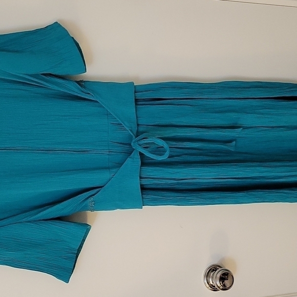 VTG LADY DORBY 1980s Teal Tie Back Broomstick 2Fer Land Girl Power Dress - Picture 7 of 10